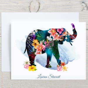 Floral Elephant Personalized Note Cards, Watercolor Tropical Flowers Stationary Set, Blank Greeting Cards, Gift for Her