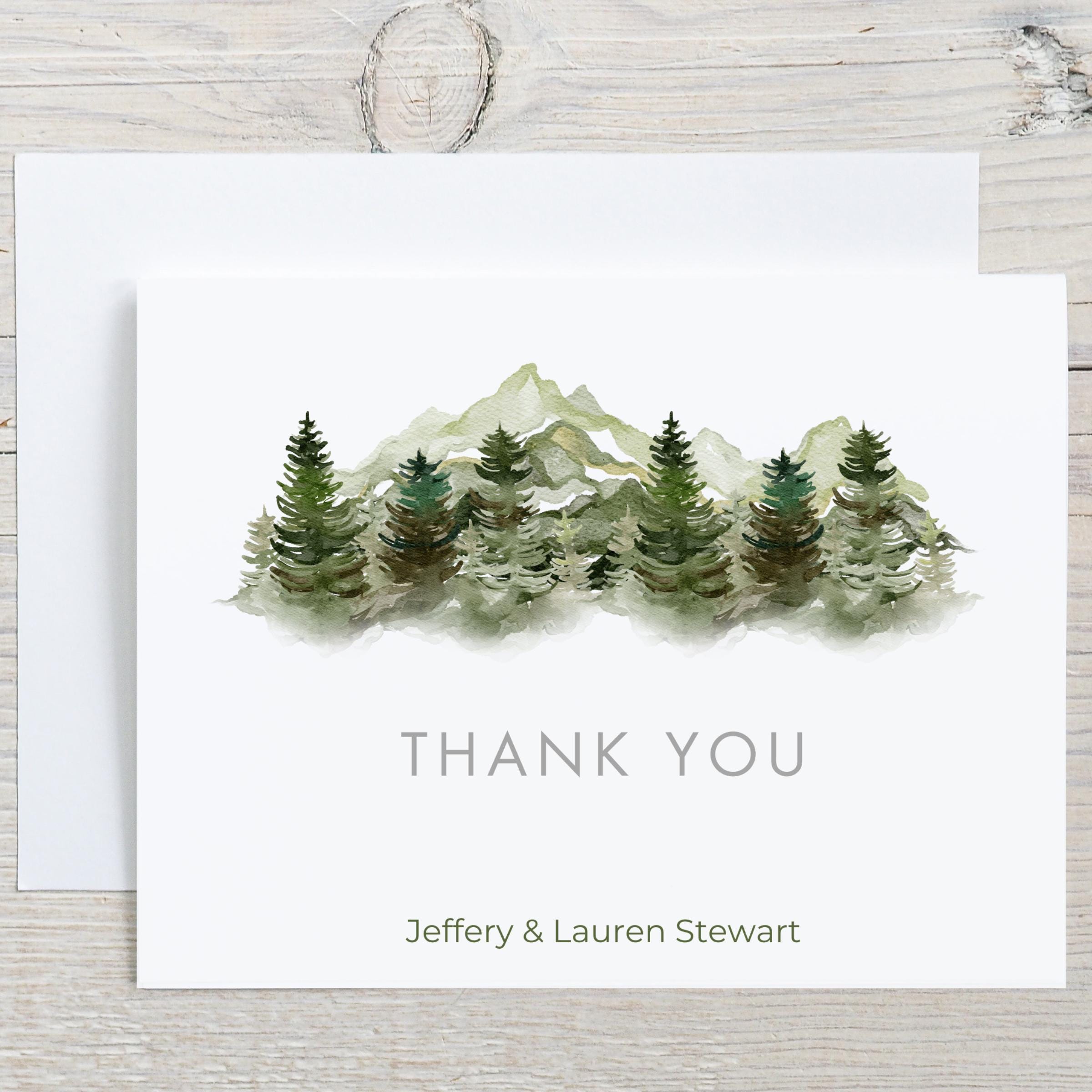 Personalized Thank You Cards, Watercolor Mountains Pine Trees Thank You ...