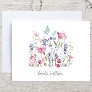 Wildflowers Personalized Note Cards Sets, Watercolor Pastel Wild Flowers Stationary Cards Sets, Folded Notecards, Greeting Cards