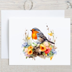 Robin In Spring Flowers Note Cards Set, Watercolor Robin Notecards Set, Blank Greeting Cards Set, Folded Thank You Cards
