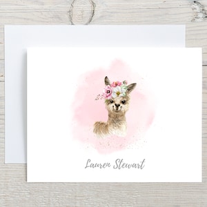 Llama Personalized Note Cards Set, Floral Flowers + Llama Notecards, Blank, Folded Greeting Cards