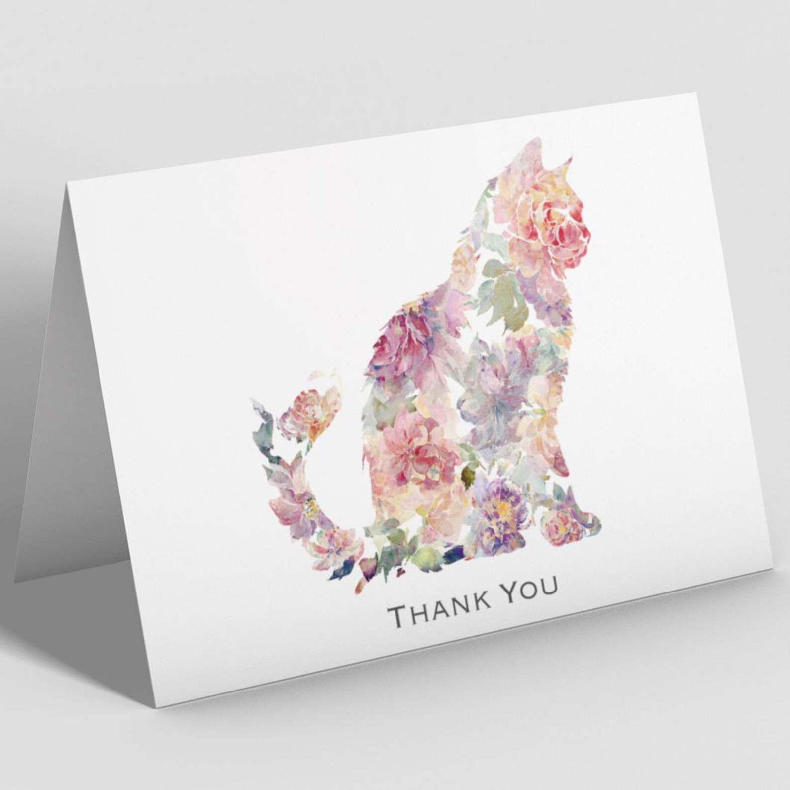 Cat Thank You Card, Floral Watercolor Cat Thank You Note, Blank Cat ...