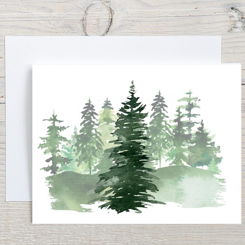 Puede incluir: Tarjeta de felicitaci&oacute;n de acuarela con una escena de bosque con &aacute;rboles de hoja perenne en tonos verdes. La tarjeta viene con un sobre blanco, ideal para enviar una nota.