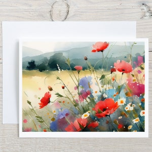 Wild Poppies Field Note Cards, Watercolor Poppies Folded Stationary Notecards, Blank Greeting Cards, Thank You Cards