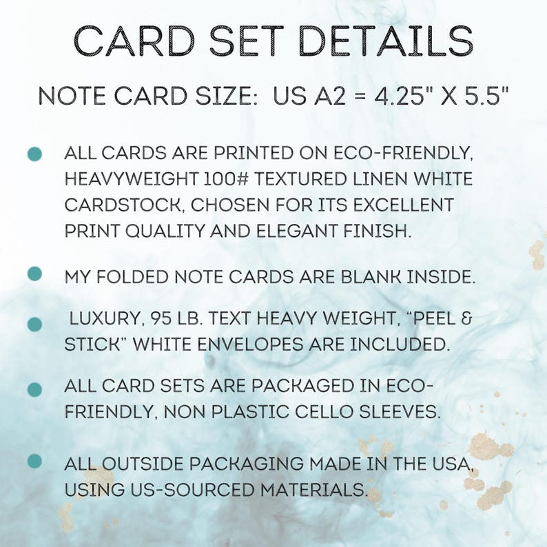 Puede incluir: Detalles textuales de un juego de tarjetas, incluido el tama&ntilde;o de la tarjeta de notas: US A2, que mide 10,8 cm x 14 cm. Las tarjetas est&aacute;n impresas en cartulina de lino texturizada, pesada y ecol&oacute;gica. El juego incluye sobres blancos.