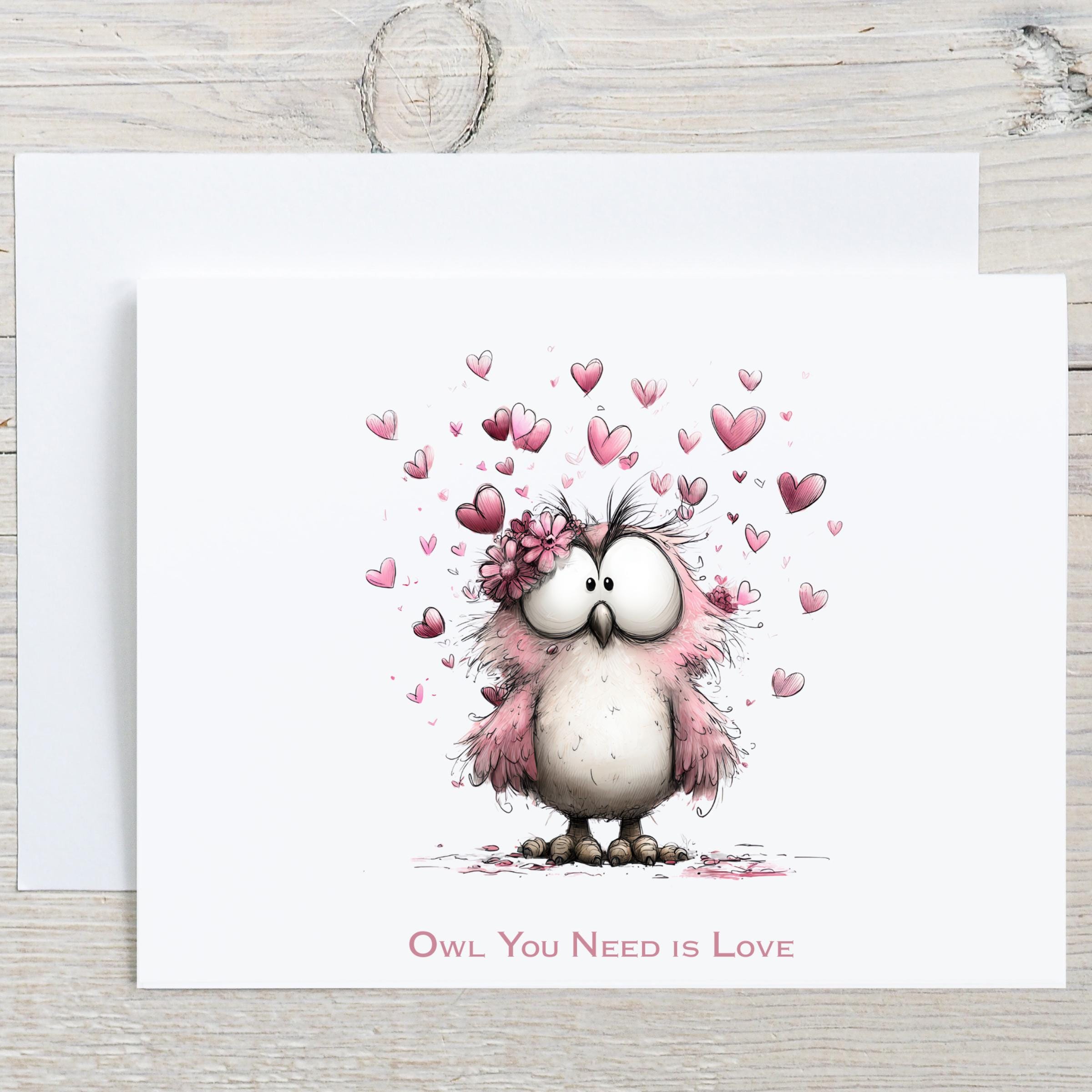Watercolor Owl Valentines Day Card, Funny Romantic Greeting Card, Cute Love You Card