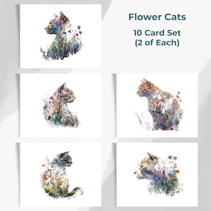 Watercolor Floral Cat Note Cards, Cat Stationary, Assorted 10 Card Set, Cat Lover Gift for Her