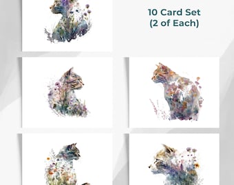 Watercolor Floral Cat Note Cards, Cat Stationary, Assorted 10 Card Set, Cat Lover Gift for Her