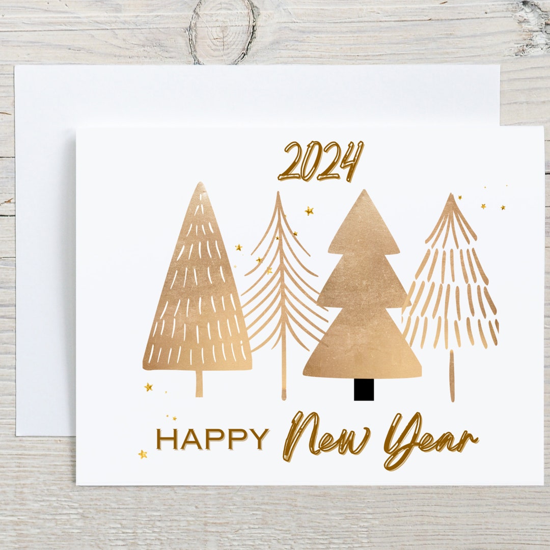 Happy New Year Trees, 2024 New Years Greeting Cards Sets, New Years