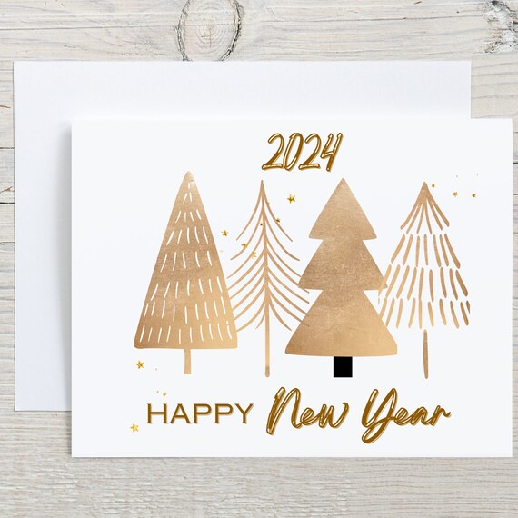 Happy New Year Trees, 2024 New Years Greeting Cards Sets, New