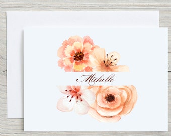 Elegant Summer Flowers Flat Note Cards, Personalized Blank Notecards, DIY Card Message, Watercolor Flowers Flat Stationary Greeting Cards