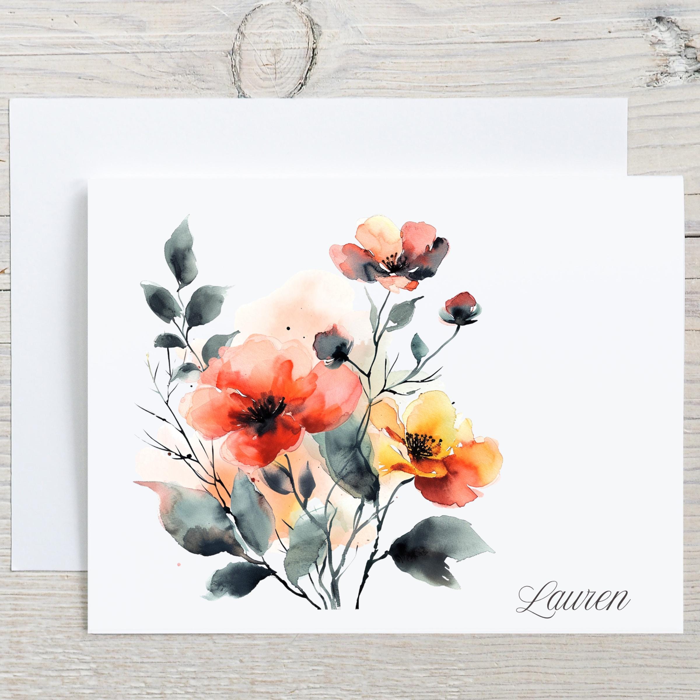 Personalized Flowers Note Cards, Watercolor Floral Stationery for Her ...