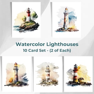 Juego de tarjetas con temática de faro, papelería náutica de acuarela, papelería de faro marítimo, tarjetas personalizadas