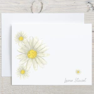 Daisy Note Cards Personalized, Custom White Flower Stationary, Watercolor Folded Blank Floral Notecards