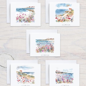 Seacoast Landscape Personalized Note Cards, Watercolor Seaside Custom Notecards, Coastal Beach Stationary, 10 Assorted Blank Greeting Cards