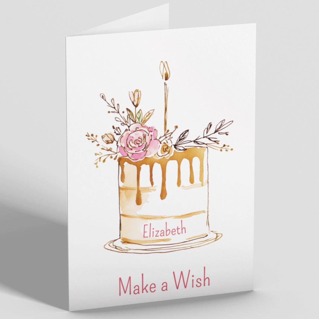 Personalized Birthday Card for Her, Watercolor Cake Candle Flowers