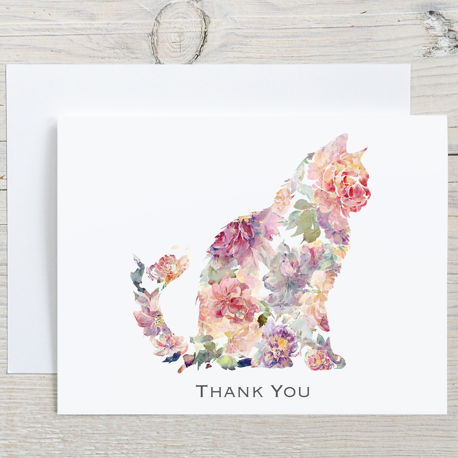 Cat Thank You Card, Floral Watercolor Cat Thank You Note, Blank Cat ...