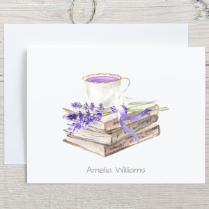 Teacup Flowers Books Custom Note Card Sets, Personalized Flowers + Books, Teacup Stationary Cards Sets, Folded Notecards