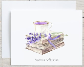 Tea, Flowers, Books Note Card Sets, Personalized Flowers + Books, Cup of Tea, Stationary Cards Sets, Folded Notecard Stationery