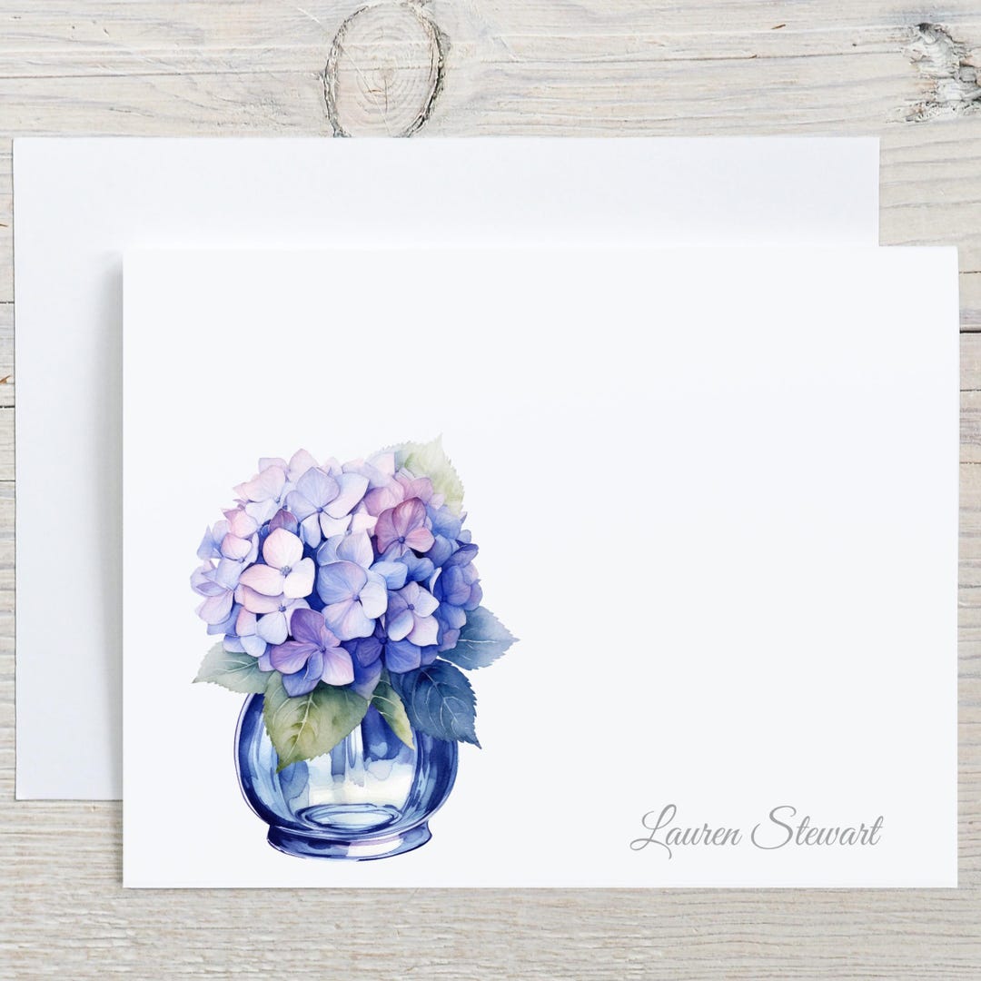Blue Hydrangea Note Cards, Personalized Floral Stationary Set, Flower