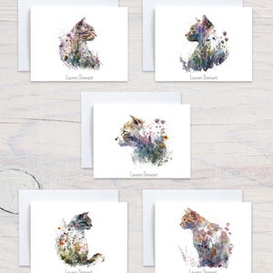 Cats in Flowers Personalized Note Cards, Set of 10 Folded Custom Notecards, Florals Felines Blank Stationary Cards, Greeting Cards