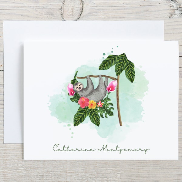 Tropical Sloth Note Cards, Personalized Blank Notecards, Folded Stationery Cards, Cute Sloth Greeting Cards