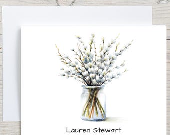 Tarjetas de felicitación personalizadas con diseño de ramo de sauces, papelería botánica personalizada, papelería de primavera y verano para mujeres, tarjetas en blanco con diseño de sauces y amentos.