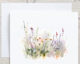 Field Of Wildflowers Note Cards, Watercolor Wild Flowers Stationary Set, Blank Greeting Cards, Gift for Her