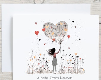 Tarjetas de notas personalizadas con flores silvestres y globos caprichosos, set de papelería con flores de acuarela, regalo para ella
