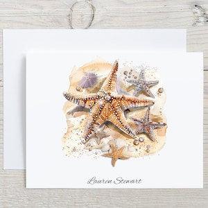 Starfish Custom Note Cards, Personalized Beach Stationary Set, Watercolor Coastal Blank Greeting Cards, Gift for Women