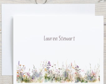 Personalized Meadow Wildflowers Note Cards, Watercolor Wild Flowers Notecards, Blank, Folded, Wildflowers Greeting Cards