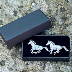 Horse Cufflink Set Gift Boxed Solid English Pewter galloping horse Cufflinks in a hand made velvet interior Box Men's accessory country