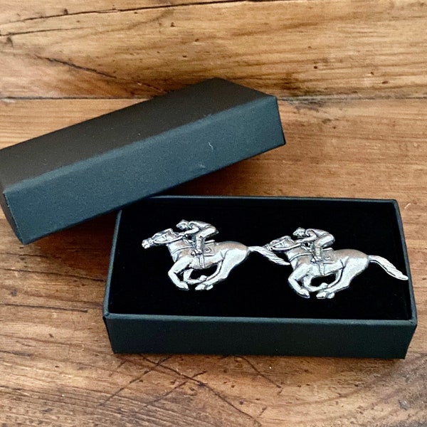 Horse Racing Cufflinks Gift Boxed Solid English Pewter horse and rider Cufflinks in a hand made velvet interior Box Men's accessory