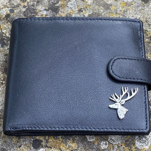 Stag Soft Leather Wallet Gift Boxed Black Or Dark Brown Wallet with a detailed English Solid Pewter Emblem Men's Accessory Animal Gift