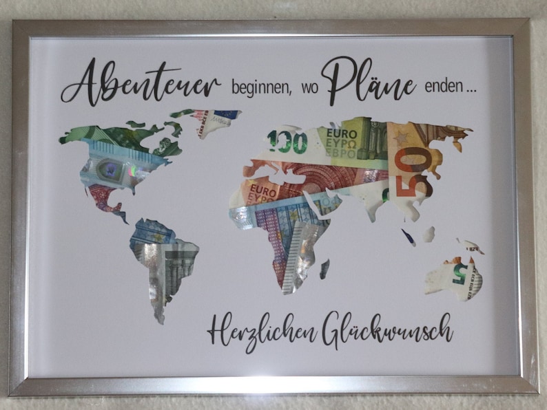 Geldgeschenk Weltkarte Personalisiert Weltreise Bilderrahmen Geburtstag Happy Birthday Herzlichen Glückwunsch A4 21x30cm Bild 4