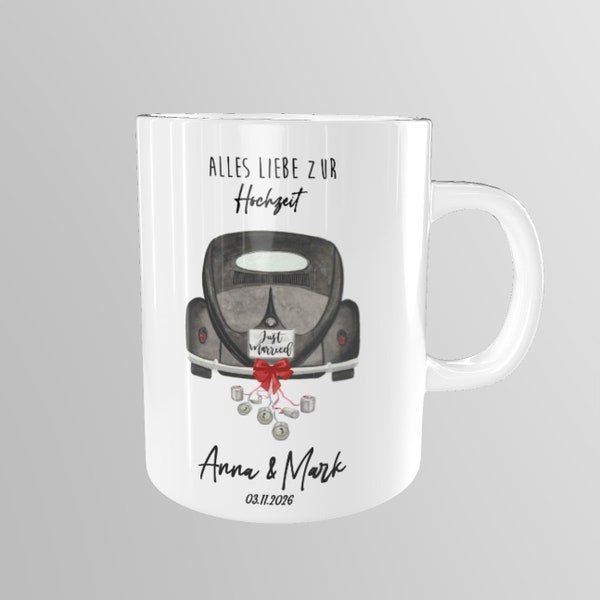 Personalisierte Tasse Hochzeit Hochzeitstag Geschenk Gelddosen Mann Auto Käfer VW Ovali Geschenk Brautpaar Hochzeitsgeschenk Kaffeetasse Tee