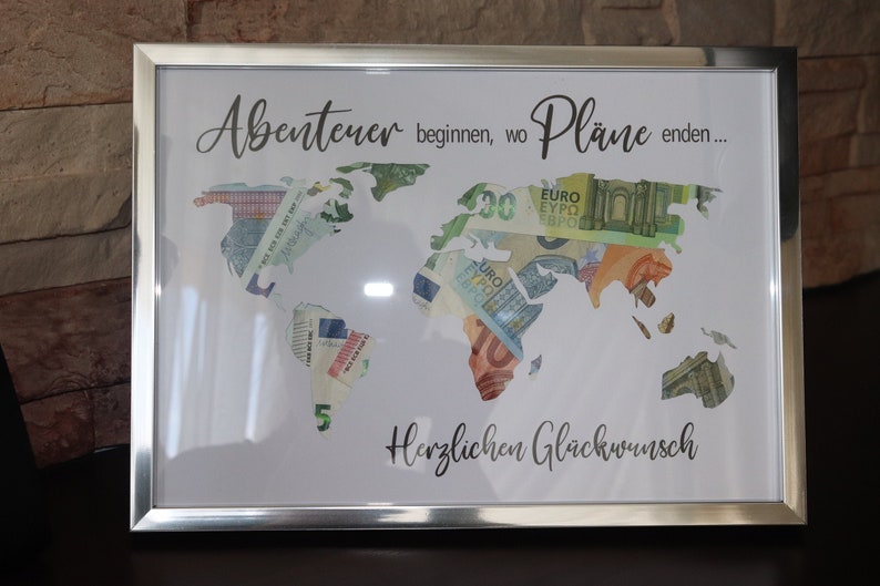 Geldgeschenk Weltkarte Personalisiert Weltreise Bilderrahmen Geburtstag Happy Birthday Herzlichen Glückwunsch A4 21x30cm Bild 5