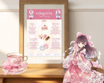 かわいいコケットティーパーティーメニュー、プリンセスティーパーティーメニューテンプレート、印刷可能なかわいいピクニックメニュー、Canvaインスタントダウンロード、編集可能
