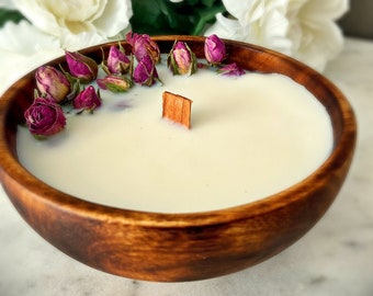 100% Natural Dried Roses Adorn this Scented Soy 9 oz Candle In Jacaranda Wood Bowl | Hostess Gift | Valentines Day | Birthday | Aromatherapy