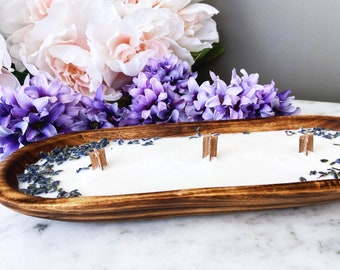 Organic Natural Lavender Adorns This Scented Soy Candle In Jacaranda Wood Oblong Dough Bowl | Artisan | Hand Poured Candle | Wood Wick