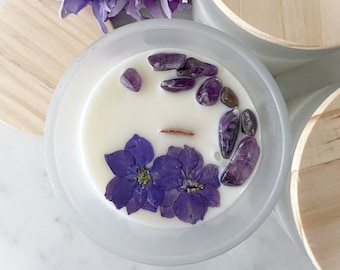 Crystal Infused 100% Soy Wax Candle | 10 Oz Scented Candle | Amethyst Gemstones | Boho Style Candles | Gift for Her | Botanicals | RELAX