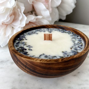 Organic Natural Dried Lavender Buds Adorn this Scented Soy Candle In Jacaranda Wood Bowl | Elegant | Hand Poured Candle | Home Decor |