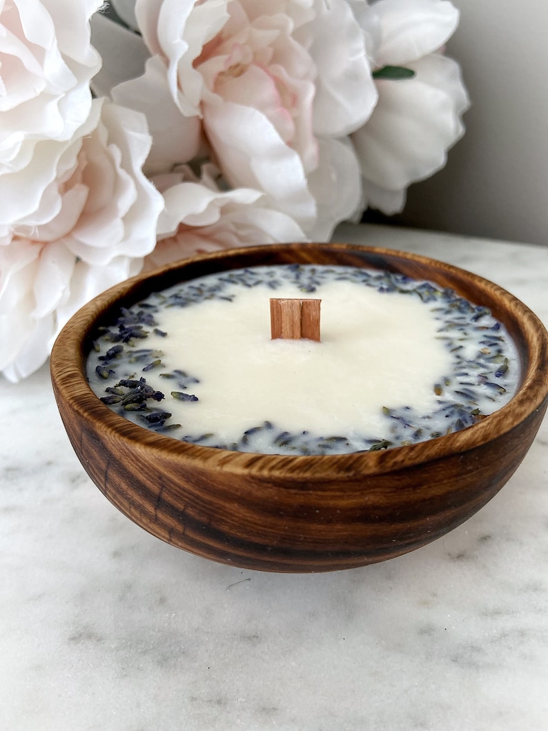 Organic Natural Dried Lavender Buds Adorn this Scented Soy Candle In Jacaranda Wood Bowl Elegant Hand Poured Candle Home Decor image 1