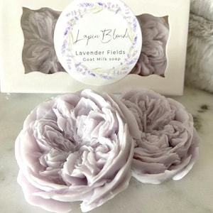 Pode incluir: Dois sabonetes de leite de cabra de cor lavanda em forma de rosas. Os sabonetes estão em uma caixa branca com um rótulo que diz "Lapin Blend Lavender Fields Goat Milk Soap".