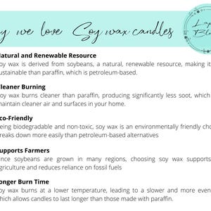 May include: A graphic with a light blue background and green leaf icons lists the reasons why soy wax candles are better than paraffin candles. The text includes "Natural and Renewable Resource", "Cleaner Burning", "Eco-Friendly", "Supports Farmers", and "Longer Burn Time".