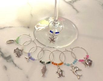 Set 8 Decorative Wine Glass identifiers | Seaside charms | Glass Markers | Beach | Gift | Party Favours | Christmas | Stocking Stuffer |Host