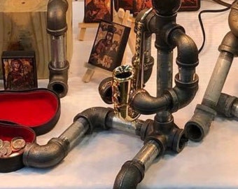Saxophonist Lamp, Touch lamp, Industrial lamp, Galvanized pipe work lamp, table lamp water pipe, water pipe table lamp, sculpture lamp