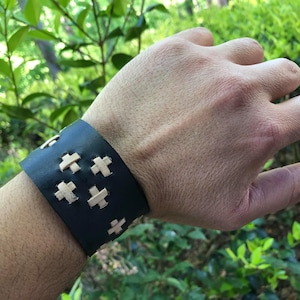 Handmade stitching leather bracelet, Coptic cross design, adjustable bracelet, fit any size , Black color