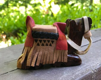 Handmade wooden camel with accessories leather, Small size