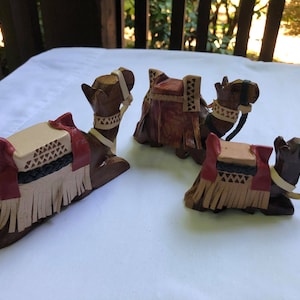 Handmade wooden camel with accessories leather, family set ( Father - Mother - Daughter ) , three sizes (  Large - Medium - Small )